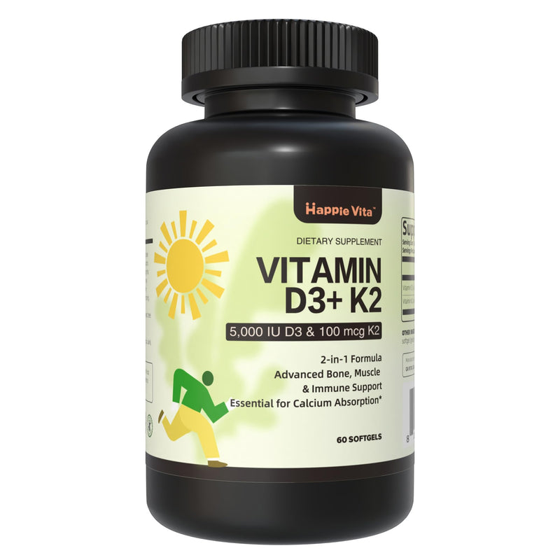 Vitamin D3 K2, Vitamin D3 5000 IU (125 mcg) + Vitamin K2 100 mcg, 2 in 1 D3 and K2 Supplements for Bone, Teeth, Muscle and Immune Health Support, 60 Softgels