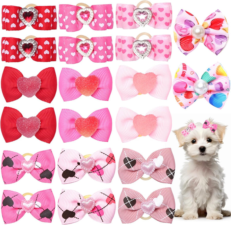 20 Pcs Valentine's Day Small Size Dog Hair Bows with Rubber Bands Puppy Hair Bows Grooming Accessories with Pearls Rhinestone Multicolor Small Pet Handmade Bowknot Pink Red Mixed Puppy Hair Bows - BeesActive Australia