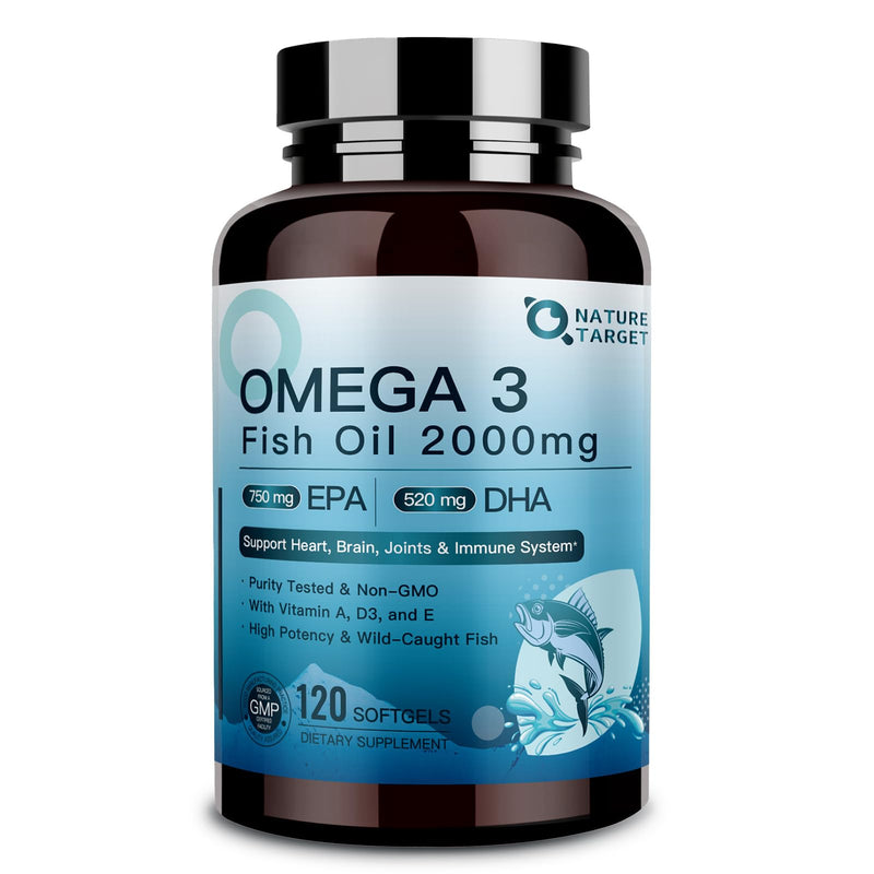 NATURE TARGET Omega 3 Fish Oil 2000mg with Vitamin D3, A, E, 120 Softgels | EPA and DHA with Vitamins D3, E, and A, Max Absorption, Supports Heart, Brain, and Immune Health, Non-GMO Formula 120 Count (Pack of 1)