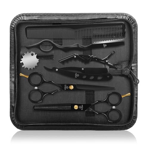 Hair Cutting Scissors Kit with Razor, Leather Case 2-scissors set Black