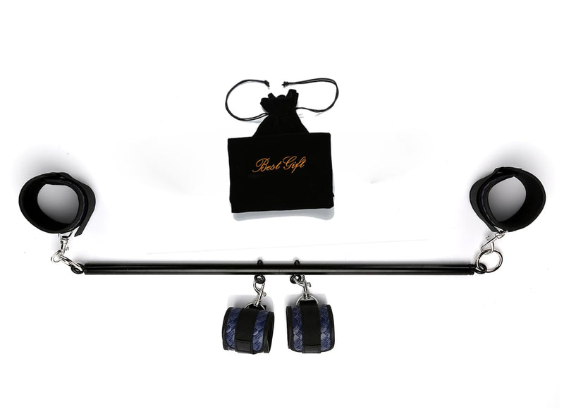 Spreader Bar Expandable Exercise Bar with 4 pcs Leather Adjustable Straps, Yoga Training Fitness Gear, Workout Bar Black+Sblue