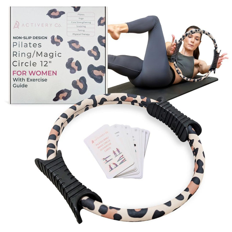 Pilates Ring Magic Circle for Women, 12” with Dual Grip Handles and Exercise Guide, Pilates Equipment for Home or Gym Workout, Fitness Tool, Leopard Print