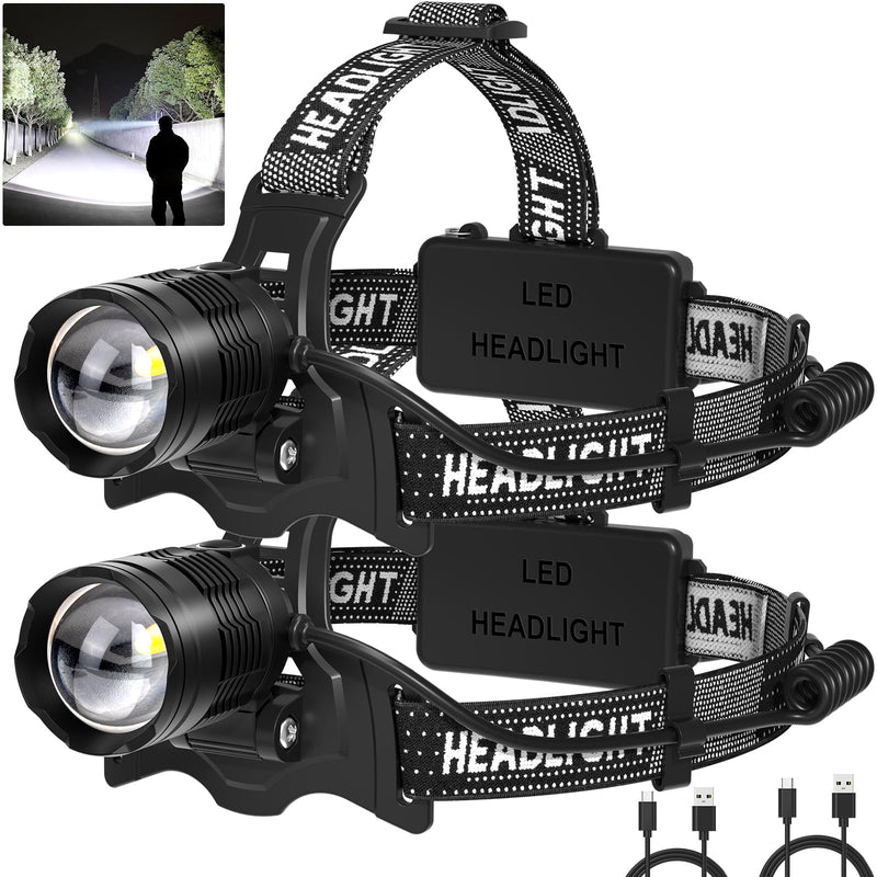 LED Headlamp Rechargeable 2Pack, 99000 Lumens Bright Head Lamp, 90° Adjustable Head Lights for Forehead with 3 Modes, Long Runtime & Waterproof Headlamps for Adults Camping Hiking 2