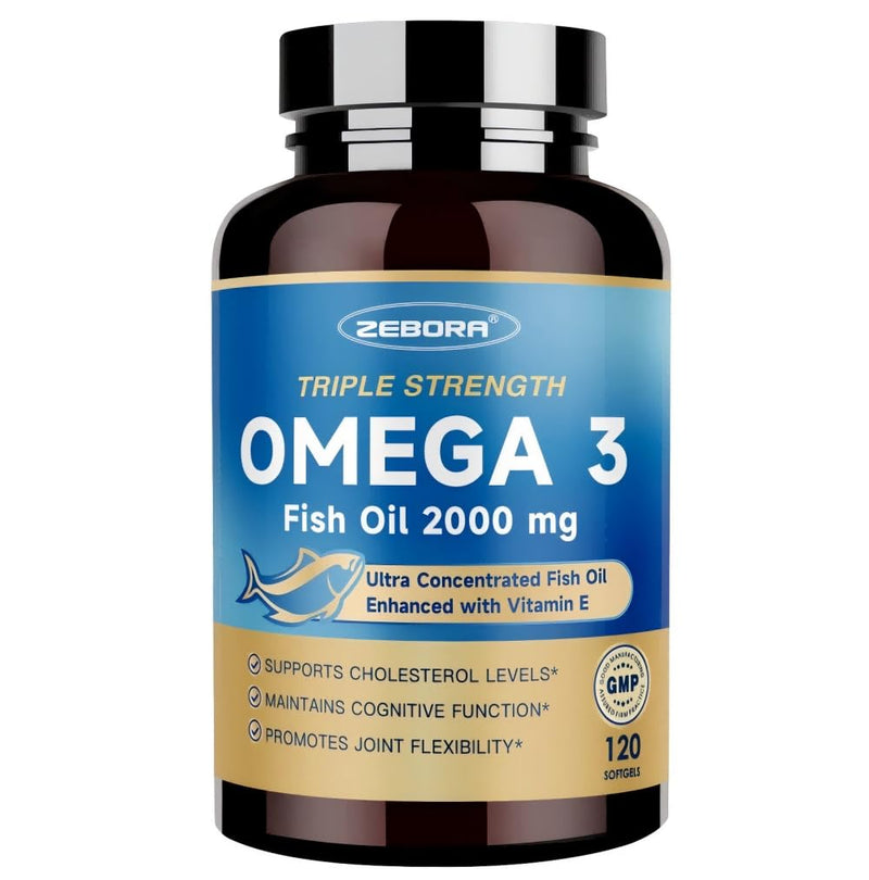 ZEBORA Triple Strength Omega-3 Fish Oil 2000mg with Vitamin E, 120 Softgels | Ultra High Potency EPA, DHA, and DPA Fatty Acids, Supports Brain, Eye, Skin, and Immune Health, Non-GMO Formula 120 Count (Pack of 1)