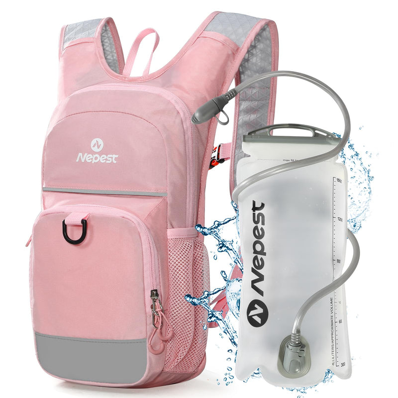 Nepest Kids Hydration Backpack, Mini Water Backpack with 1.5L Water Bladder for Hiking Cycling Running Pink