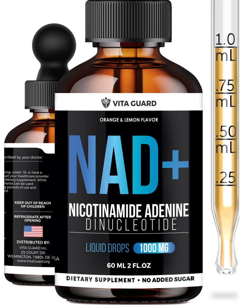 Vita Guard Pure NAD+ Liquid Drops 1000mg | Nicotinamide Adenine Formula | Vegan, Non-GMO | Natural Lemon & Orange Flavor | Dietary Supplement for Women & Men