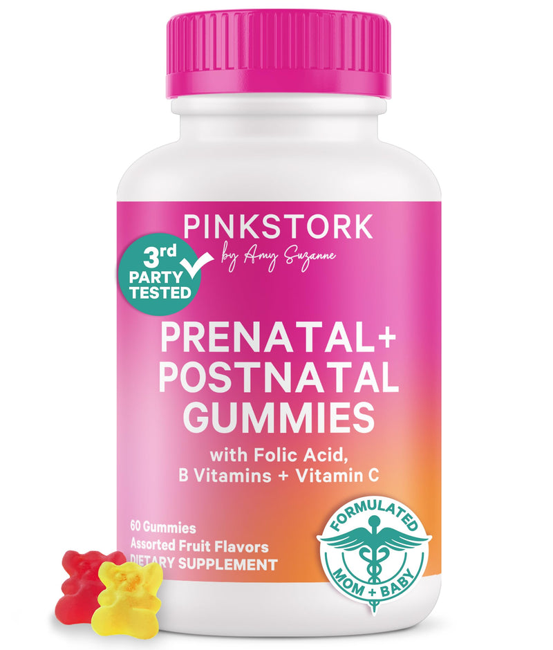 Pink Stork Fertility + Prenatal + Postnatal Gummy Vitamins, 60 Count | Full Motherhood Journey Support, Folate, B Vitamins, Zinc & Biotin, Postpartum Essentials, Assorted Fruit