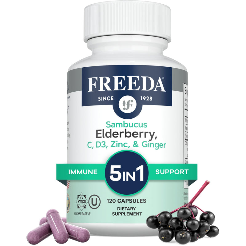 FREEDA Sambucus Elderberry Capsules - 5-in-1 Immune Support - 120 Count | Herbal Antioxidant Supplement with Vitamin C, Zinc, Vitamin D3 & Ginger for Adults - Gluten-Free - Made In USA 120 Count (Pack of 1)