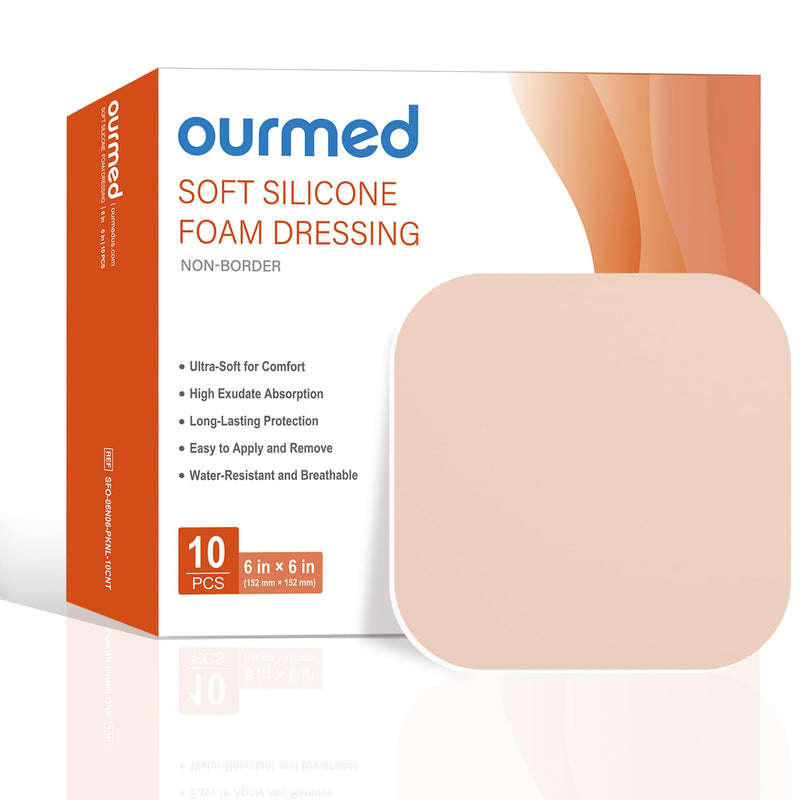 Ourmed Soft Flex Silicone Foam Dressings(6"x 6", Pack of 10) Sterile, Highly Absorbent, Waterproof, No Border, Wound Care for Bed Sores, Pressure Ulcers 6x 6 Inch with no border