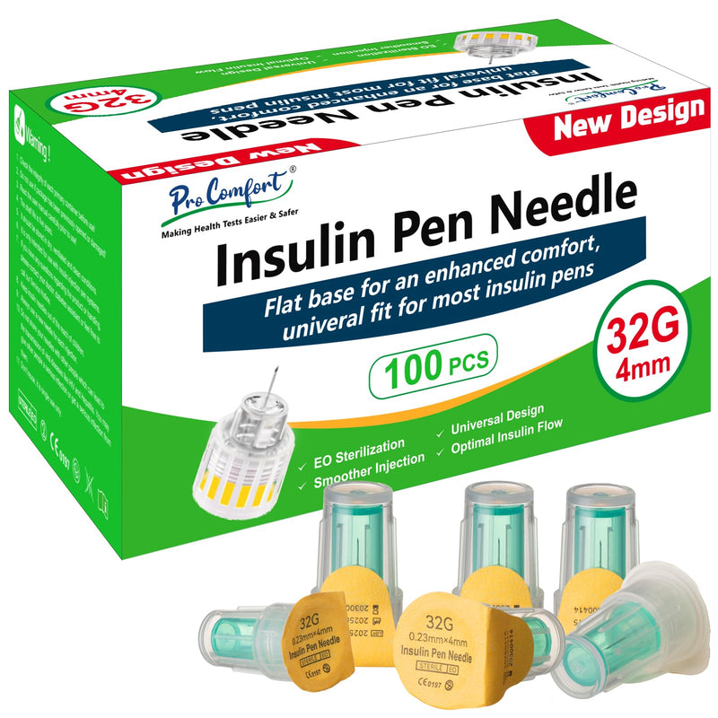 32G 4mm (5/32") Insulin Pen Needles, Flat-seat Base for Comfort,100 Count Diabetic Needles for Injections, Universal Fit, Compatible with Most Pen Injector Device, Sterile