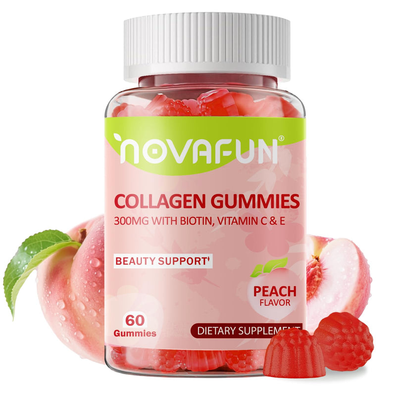 Collagen Gummies 300mg for Women, Hair, Skin & Nails, 60 Gummies | With Biotin & Vitamins C and E, Gluten-Free Vegetarian Gummies, Peach Flavor