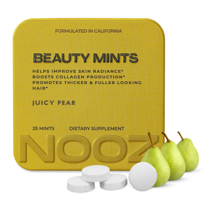 NOOZ Beauty Mints - Sugar-Free Biotin Mint for Glowing Skin, Healthy Hair & Strong Nails - Juicy Pear Flavor | Travel-Friendly Supplement with Antioxidants, Vitamin C, B6 & B12 | Non-GMO, 25 Mints Single Tin - BeesActive Australia