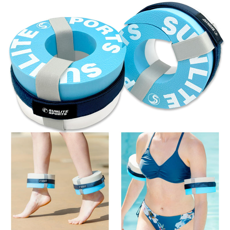 Sunlite Sports Water Weights Pool Exercise Dumbbells, Water Aerobic Equipment, High-Density EVA-Foam Dumbbell with Handle Strip, Aqua Therapy, Pool Fitness, Water Exercise, Set of 2 Aqua Blue Water Cuffs Large