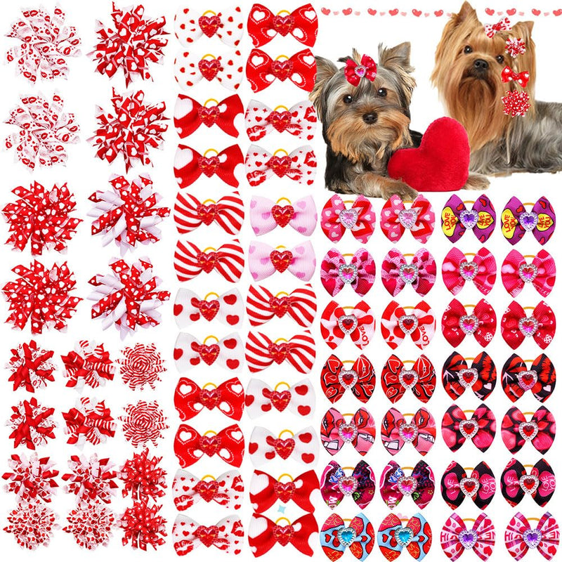 60Pcs Valentines Dog Bows with Rubber Bands Love Heart Dog Bowknot Hair Bows Red Pink PuppyTopknot Bows for Valentines Day Doggie Cat Bunny Yorkie Pet Hair Grooming Accessories Valentine's Day - BeesActive Australia
