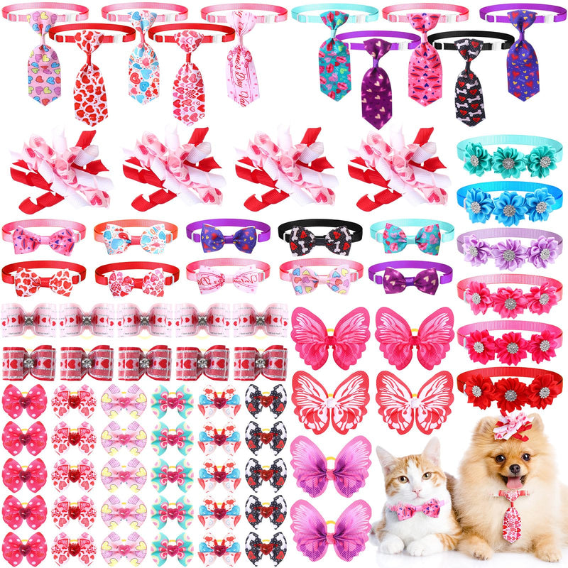 Reginary 70 Pcs Valentine's Day Dog Bow Ties Pet Cat Dog Collars Neckties Set Adjustable Puppy Neck Tie Holiday Flower Heart Butterfly Rhinestone Dog Bows Grooming Accessories for Puppy Cat Supplies - BeesActive Australia