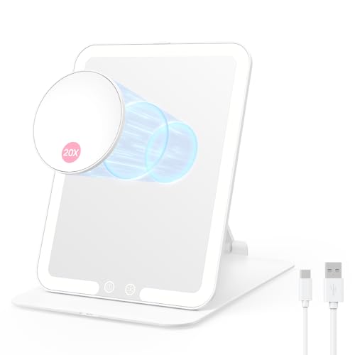 Benbilry Foldable Travel Makeup Mirror with Lights & 20X Magnifying, White