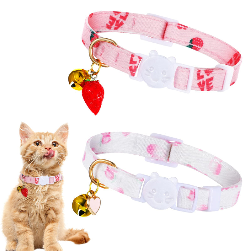 2Pcs Cat Collar with Bells, Breakaway Cotton Kitten Collars for Girl Cats, Pink Cute Cat Outfit Accessories with Strawberries and White Heart Shaped Pendant - BeesActive Australia