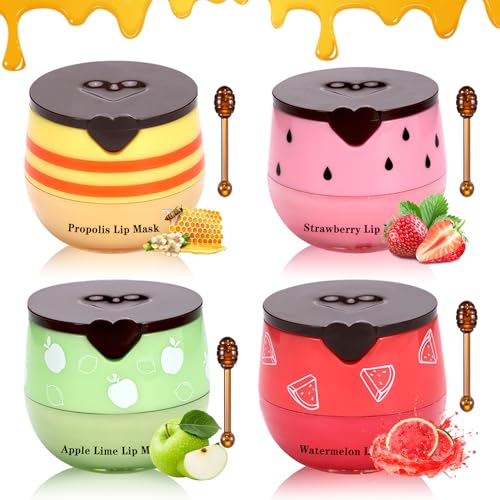 4PCS Bee Lip Balm Honey Pot Sleeping Lip Mask Set Honey Lip Balm Honey,Strawberry,Watermelon,Apple