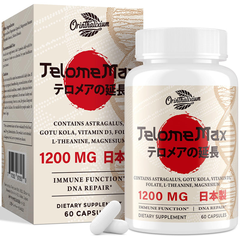Telomere Lengthening Supplements – Organic Astragalus, Gotu Kola, Vitamin D3, Folate, L-Theanine – Anti-Aging, DNA Repair, Immune & Cellular – 60 Vegan Capsules, Made in Japan (1 Bottle) 60 Count (Pack of 1)