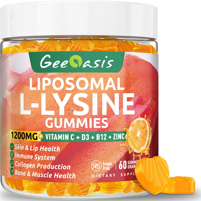 Liposomal L-lysine Gummies 1200mg, 60CT | Lysine Chewable Supplement with Vitamin C, D3, B12 & Zinc, For Adults & Kids, Immune & Collagen Support, Lips & Skin Health 60 Count (Pack of 1)
