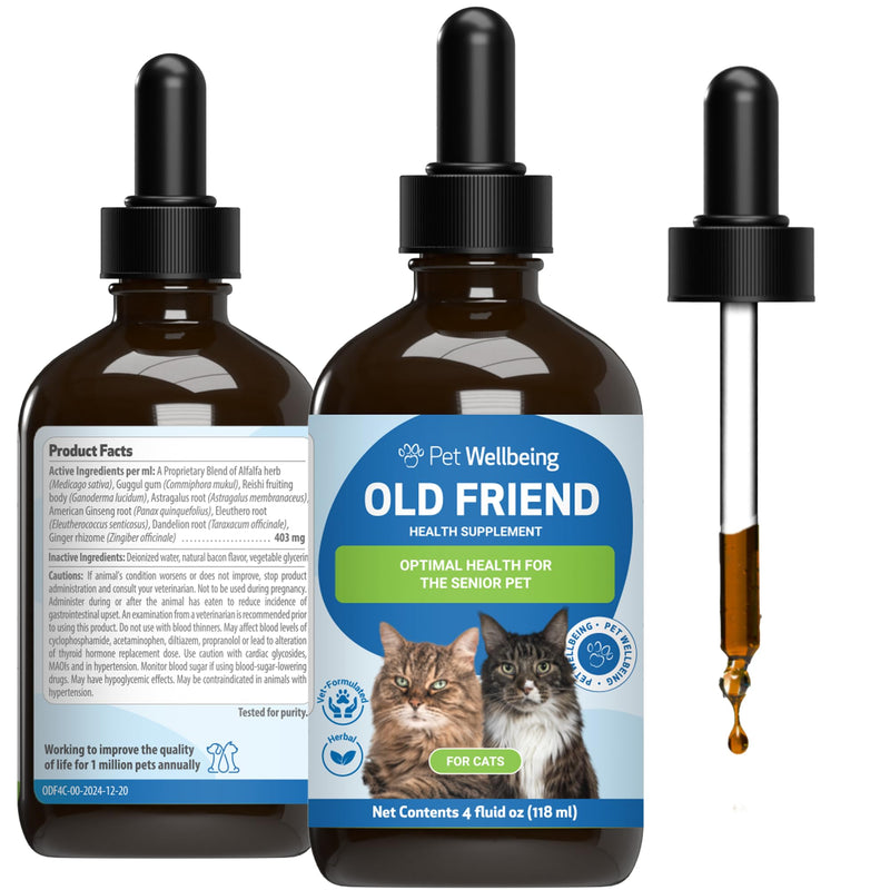 Pet Wellbeing Old Friend for Senior Cats - Supports Immune System Health, Joint Mobility, Healthy Energy Levels, Alfalfa, Reishi - Veterinarian-Formulated Herbal Supplement 4 oz (118 ml) 4 fl oz (118 ml)