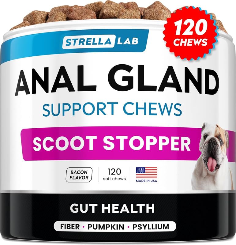 STRELLALAB Anal Gland - 110 Soft Chews, Scoot Treatment - Digestive Enzymes, Prebiotics & Fiber Supplement for Dogs Digestion & Gut Health. Proprietary Blend of Beet - Grilled Chicken - BeesActive Australia