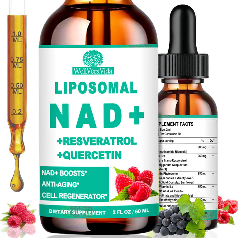 NAD+ Supplement for Women & Men, Liposomal NAD Resveratrol Liquid Drops | 5-in-1 NAD Plus Nicotinamide Riboside NR w. Resveratrol TMG Quercetin & B3 for Energy, Focus, Longevity & Healthy Aging,Vegan Raspberry 2 Fl Oz (Pack of 1)