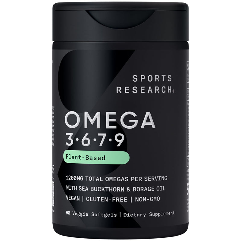 Sports Research® Vegan Omega 3·6·7·9 Complex 1635mg, 90 Count Plantgels™ | Sourced from Organic Flaxseed, Olive Oil, Sea Buckthorn, Pomegranate Seed, Sacha Inchi, Borage Oil