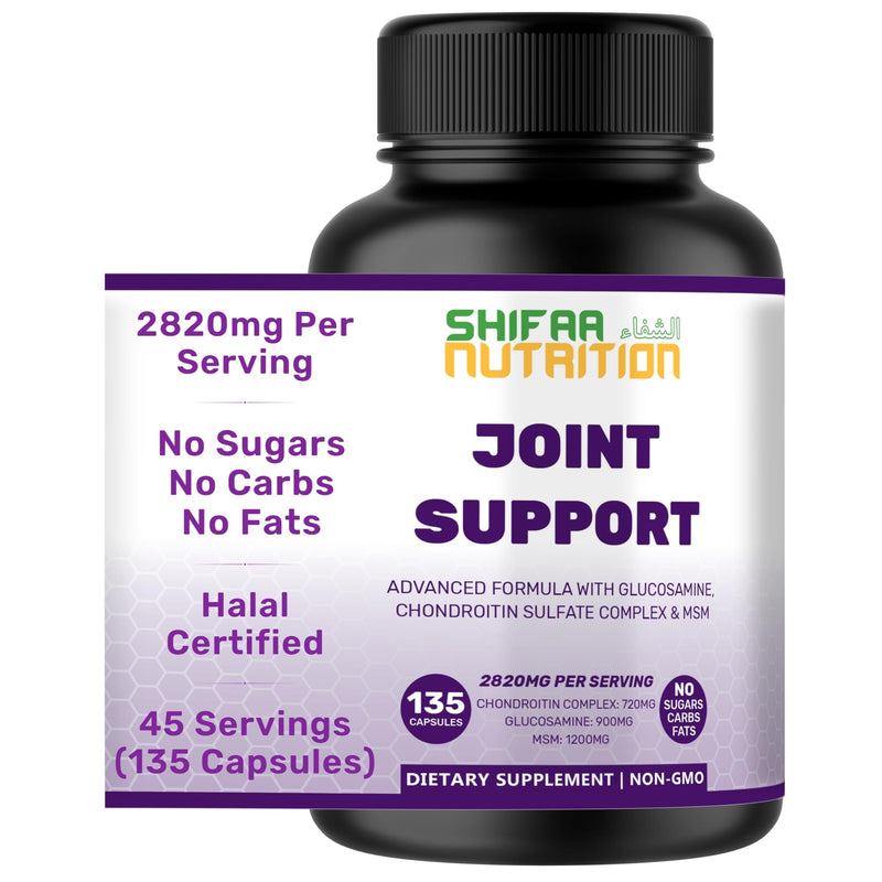 SHIFAA NUTRITION Halal Joint Support Supplement for Men & Women. Glucosamine Chondroitin MSM for Mobility, Cartilage Repair & Joint Comfort, Back & Knee Pain Relief. Non-GMO, Gluten-Free. 135 Capsules 135 Count (Pack of 1)