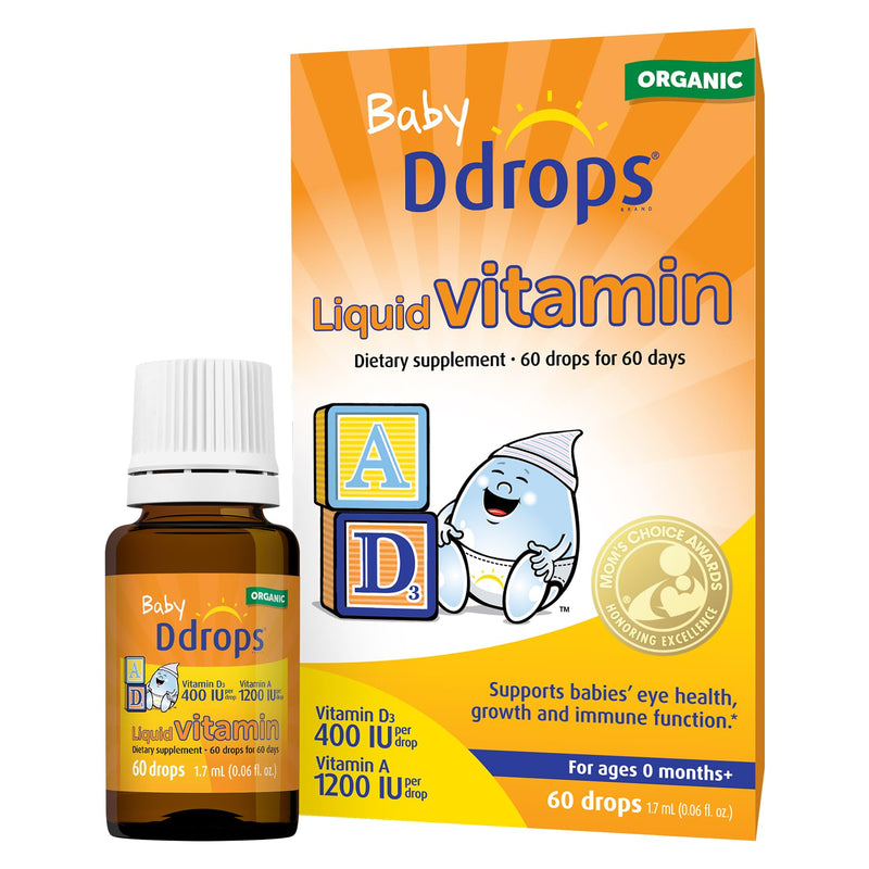 Ddrops® Baby Organic Liquid Vitamins A&D Drops for Infants, 60 Drops. Supports Babies’ Eye Health, Bone Development and Immune Function. Certified Organic, Non-GMOs, Allergy-Friendly 0.06 Fl Oz (Pack of 1)