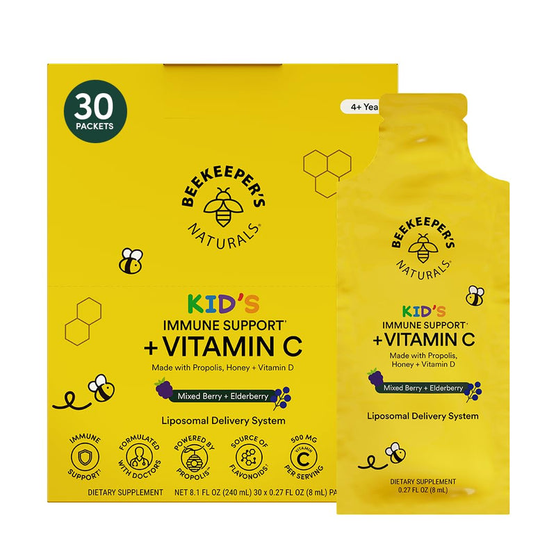 Beekeeper's Naturals Kid's Immune Liposomal Vitamin C, Mixed Berry, 30 Ct | 500 mg Vitamin C, Elderberry, Vitamin D, Propolis & Honey, Easy to Use Kids 30 Packets