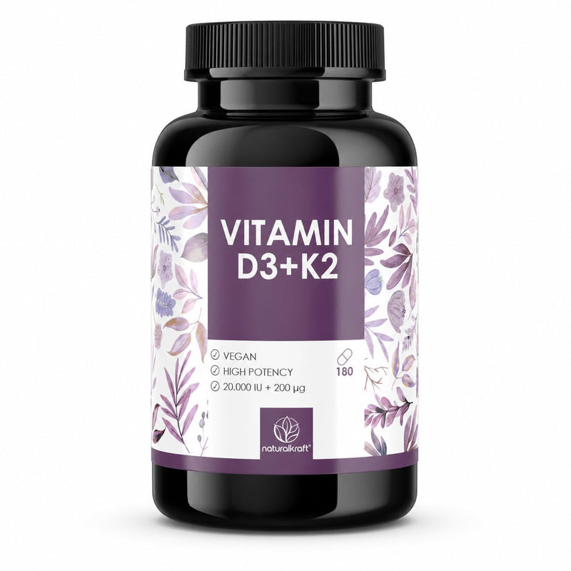 Premium Vitamin D3 + K2, 20,000 IU + 200 mcg, Depot (180 Capsules, High Strength & Vegan) – German Brand Quality