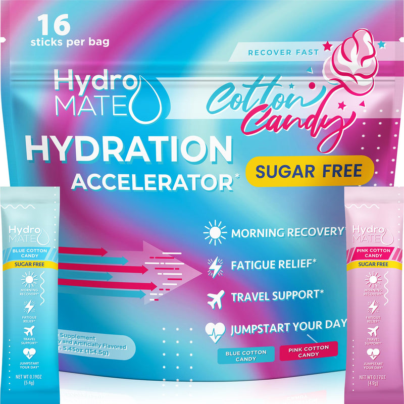 HydroMATE Cotton Candy Sugar Free Electrolyte Powder Packets, 16 Count | No Caffeine, Drink Mix, Water Enhancer, Magnesium, Potassium & Vitamin C, Keto-Friendly, Zero Calorie, Travel Ready 16 Count (Pack of 1)