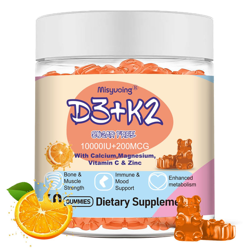 Vitamin D3 K2 Gummies,Vitamin D3 10000 IU with K2 200mcg,VitaminC,Calcium,Magnesium,Zinc,Support for Bones,Joints,Muscles,Nerves,and Immune System (60,Orange,Sugar-Free) Orange