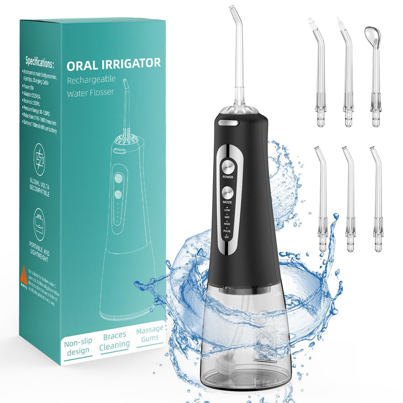 Water Flosser,300ML Water Pulse flossers-5 Modes&6 Replaceable Jet Tips for Teeth Cleaning and Flossing,Rechargeable (Black) Black