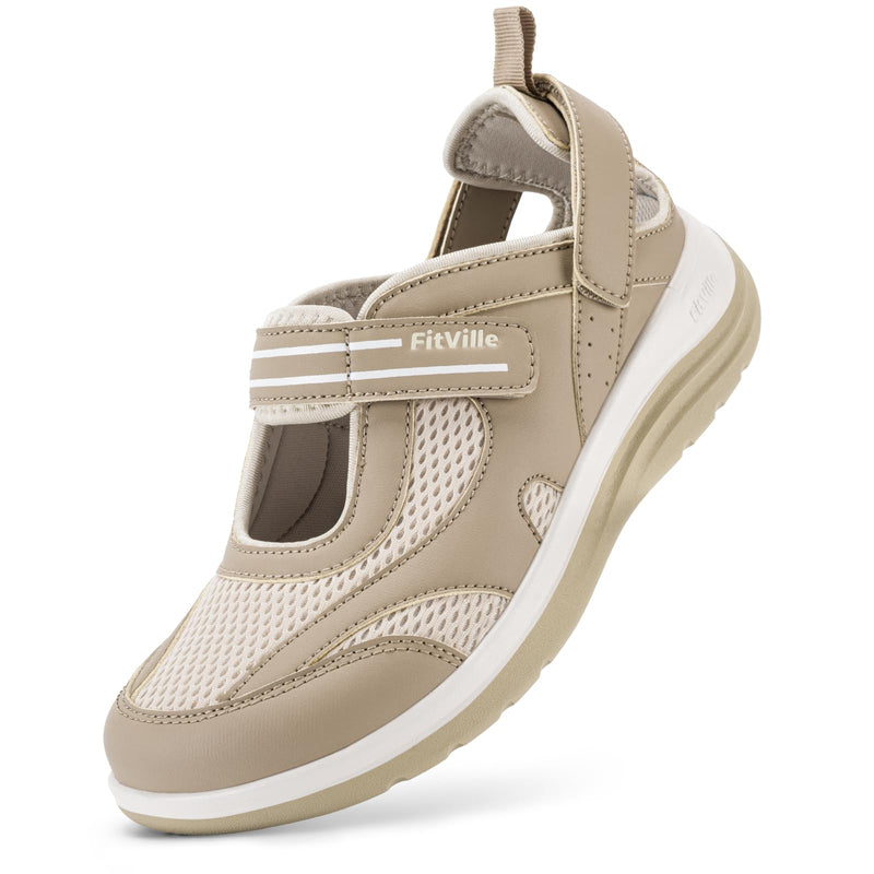 FitVille Diabetic Shoes for Women Extra Wide Width Diabetic Womens Sandals, Walking Shoes with Adjustable Closures Arch Support, Orthopedic Sandals for Flat Feet Heel Pain Relief,Plantar Fasciitis Khaki 8 X-Wide