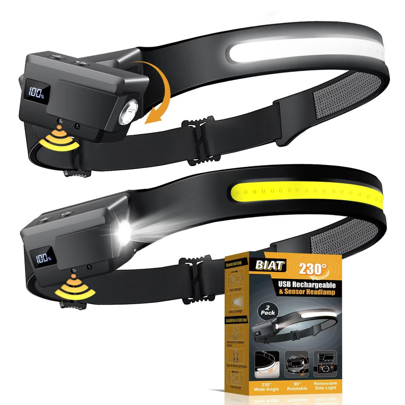 BIAT LED Headlamp Rechargeable 2PCS, 230° Wide Beam Headlight with Motion Sensor, 90° Rotation and Removable Head Lights for Forehead, 5Mode Head Lamp for Adults, Camping Essentials Gear for Hiking 2 Pack