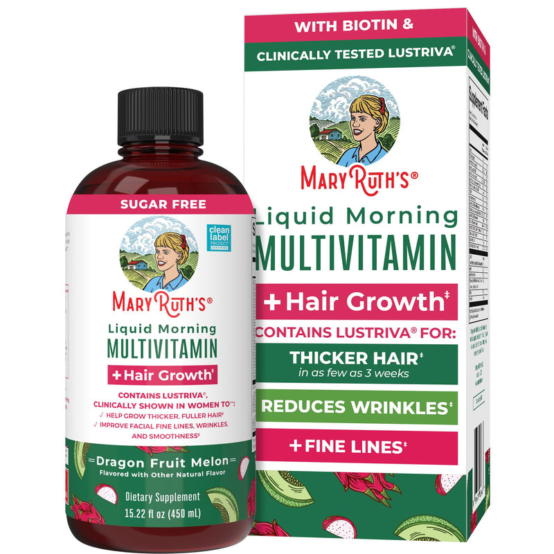 MARYRUTH'S Liquid Multivitamin + Hair Growth, Clinically Thicker Hair, 15oz | Clinically Tested in Women for Thicker Hair & Facial Wrinkles, Biotin 10000mcg, Lustriva Hair Growth Supplements, Skin Care Dragon Fruit 15.22 Fl Oz (Pack of 1)