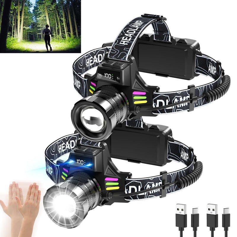 Rechargeable Headlamp 2 Pack, 3500 Lumens Bright Headlight for Adults with 7 Modes, Motion Sensor & Digital Display Waterproof for Camping, Hiking, Running, Luminous Strip Black - BeesActive Australia