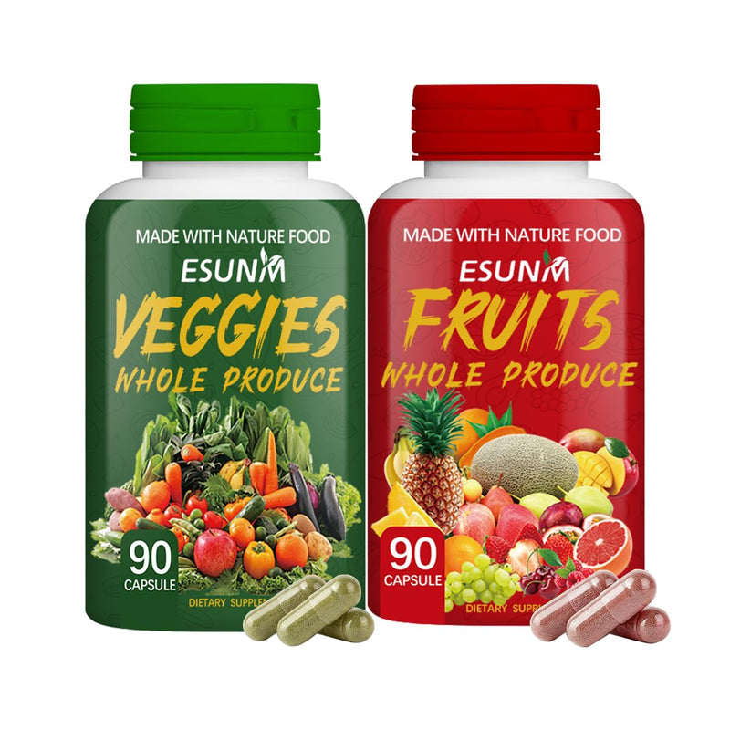 ESUNM Fruits and Veggies Supplement - 90 Fruit and 90 Veggie Capsules - Supports Energy Levels, High Lycopene, Vitamins & Minerals - 90 Count (Pack of 2)