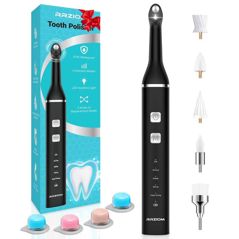 Tooth Polisher, RRZIOM Rechargeable Teeth Polisher for Teeth Whitening and Cleaning Kit, Waterproof Tooth Polish Dental Tools with LED Light, 5 Brush Heads, 5 Speed Modes, Tooth Polishing Kit Black-1 - BeesActive Australia