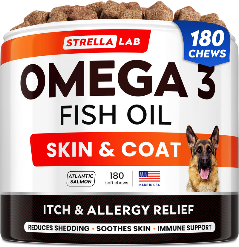 StrellaLab Omega 3 for Dogs - (180Ct) Fish Oil Treats - Allergy & Itch Relief Skin&Coat Supplement - Dry Itchy Skin, Shedding, Hot Spots Treatment, Anti Itch - Pet Salmon Oil Chews - Atlantic Salmon 180 Ct