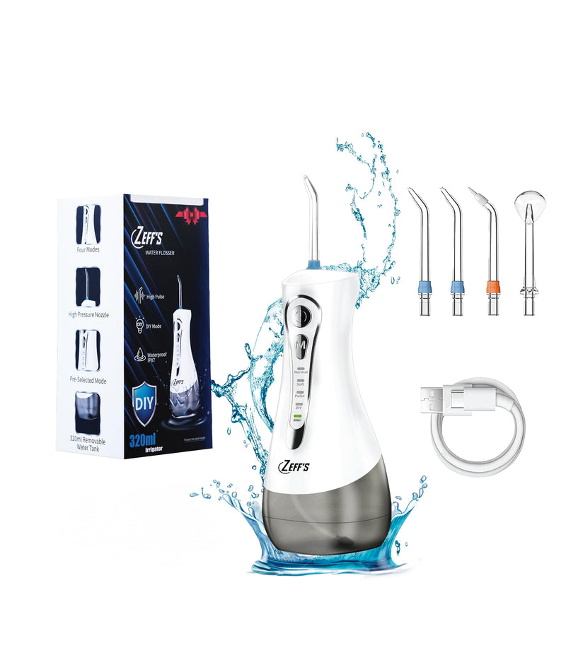 Zeff's Dental Water Flosser for Teeth Cleaning – 320ml Detachable Tank, IPX7 Waterproof, Rechargeable Battery, 360° Nozzle, Portable Oral Irrigator with 5 Tips & Travel Bag