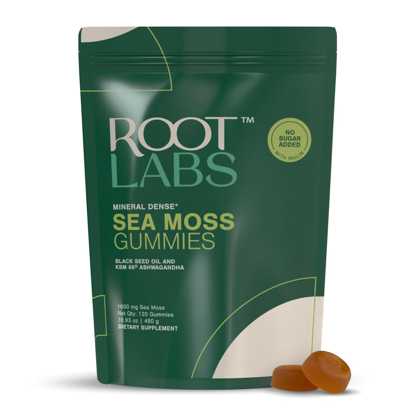 ROOT LABS Sea Moss Gummies I 92+ Minerals I Black Seed Oil I KSM 66 Ashwagandha I Lab Tested I No Added Sugar | for Men, Women I Non-GMO I 100% Natural & Organic I 1600 mg I 120 Gummy