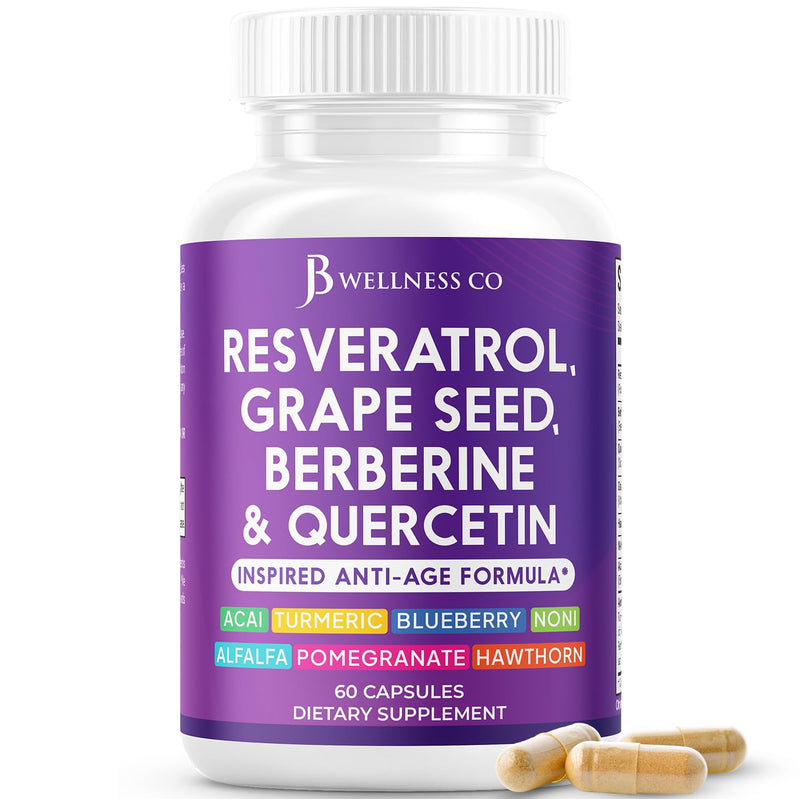 JB Wellness Resveratrol Grape Seed Extract, Berberine, Quercetin - Polyphenol Supplement for Women and Men with Noni, N-Acetyl Cysteine, Acai Extract - 60 Capsules 60 Count (Pack of 1)