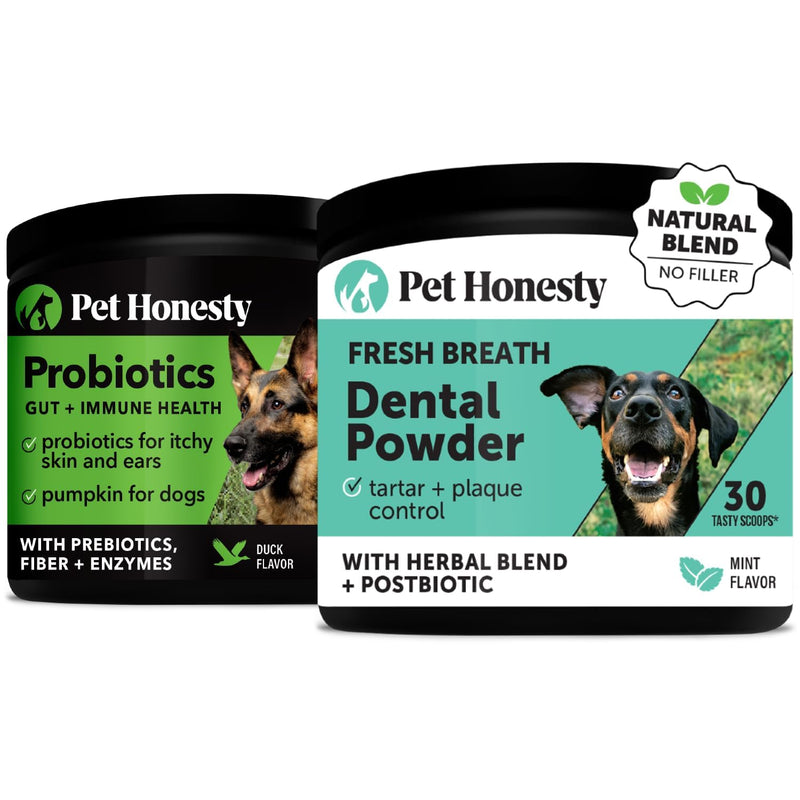 Pet Honesty Probiotics for Dogs + Dental Powder for Teeth Cleaning & Plaque Removal, Dog Probiotics for Gut Health, Diarrhea, Bowel Support & Itch Relief - PawsPlanet Australia