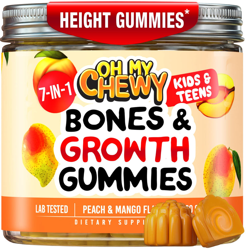 Fluffy Height Growth Vitamin Gummies for Kids & Teens - Grow Taller | Growing Up and Teeth & Bones Support, Calcium, Zinc, Vitamin D3, K2, Spirulina and Astragalus - Peach & Mango