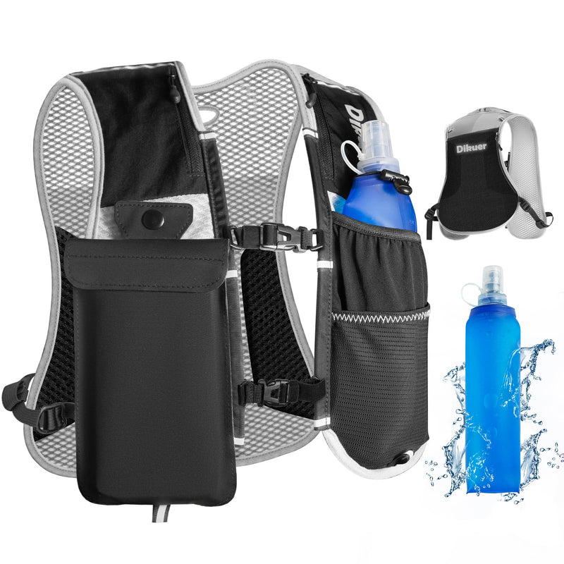 Running Vest for Women Men, Lightweight Hydration Runner Vest with Transparent Waterproof Phone Pocket, 17oz Soft Flask, Adjustable Chest Straps Reflective Backpack for Hiking Cycling Jogging Grey