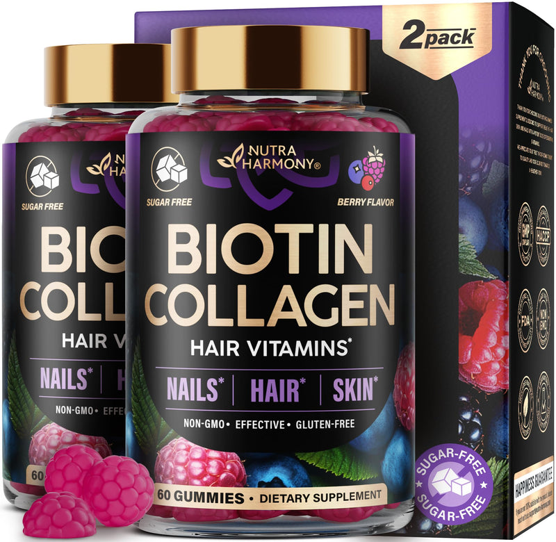 Biotin Gummies for Hair Growth Support - for Women & Men - Berry, Pack of 2 | Biotin 10000mcg, Collagen, Keratin, Hyaluronic Acid, B-Complex, Saw Palmetto - Hair, Skin & Nail Strengt Support - Sugar-Free Mixed berry 60 Count (Pack of 2)