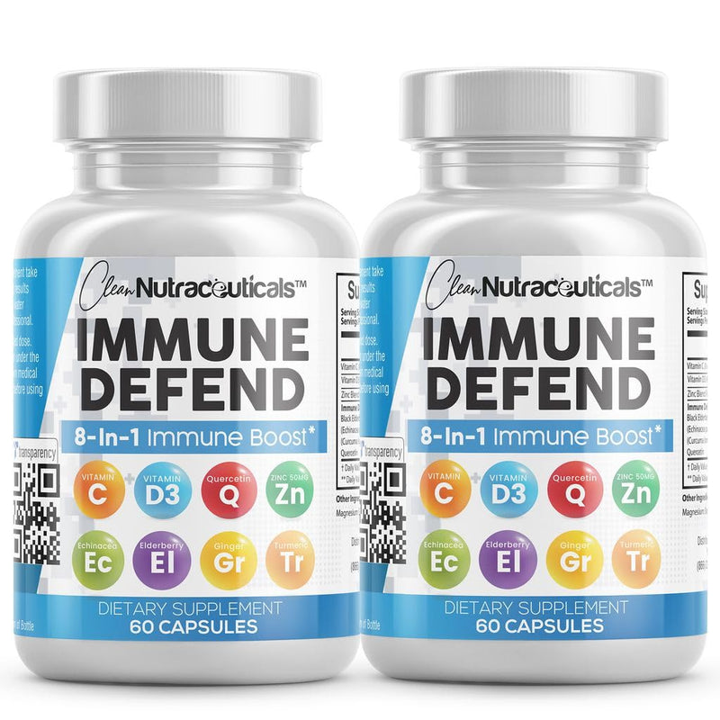 Immune Defense Support Supplement 8 in 1 w/ Zinc 50mg Quercetin, Vit C 1000mg, Vitamin D3 5000 IU, Elderberry, Turmeric Curcumin, Ginger, Echinacea - Immunity System Booster Adults Vegan - 60Ct (2) 2